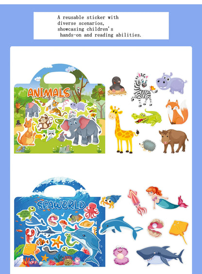 Kids Reusable Scene Sticker Book – DIY Cartoon Animal Puzzle Sticker Game, Early Learning Cognition Toy, Creative Educational Activity Gift for Children