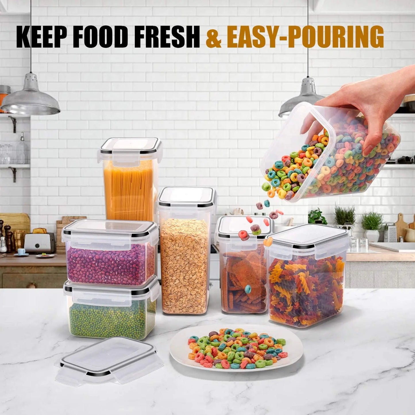 Juego de 7 Recipientes Herméticos para Alimentos, Plástico sin BPA, Botes de Cocina con Etiquetas y Rotulador