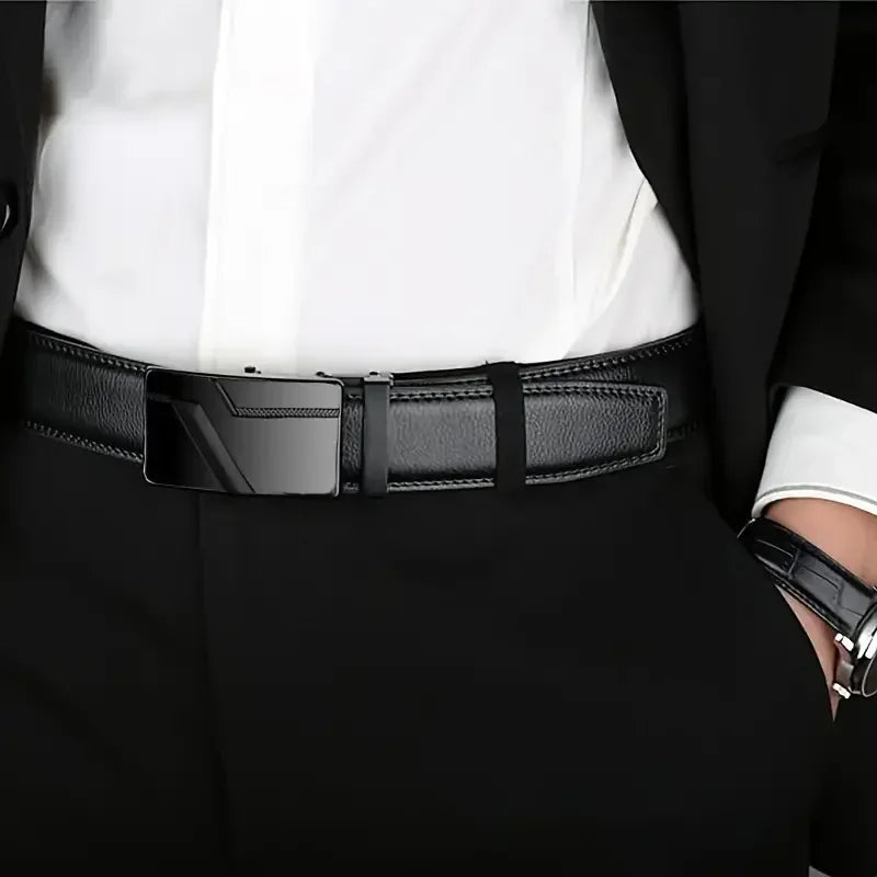 Men's Fashion Automatic Buckle Belt – Business-Style PU Leather Black Waist Strap for Jeans, Casual & Formal Wear