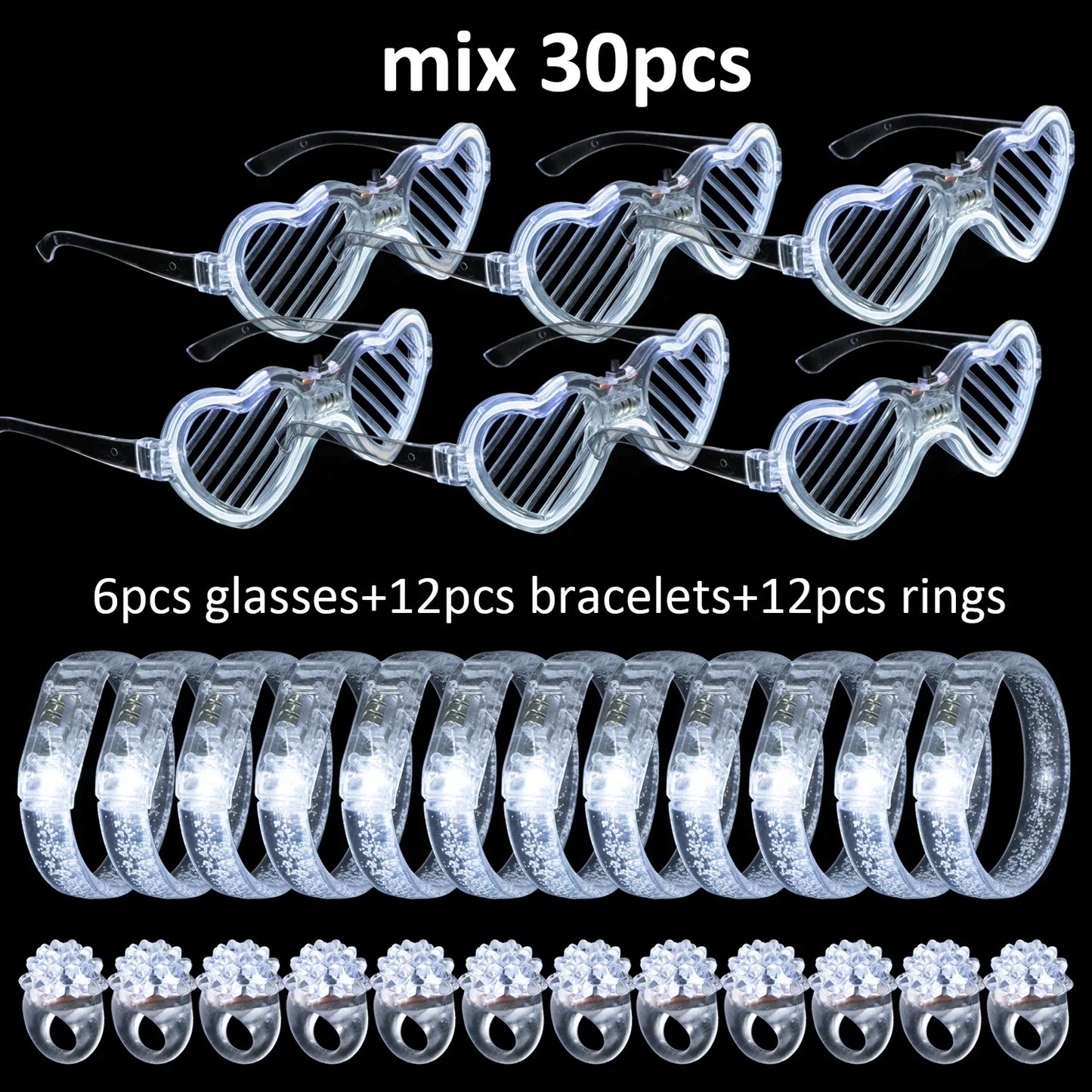 Juego de recuerdos LED para bodas – Gafas luminosas, pulseras que brillan en la oscuridad y anillos parpadeantes para bodas