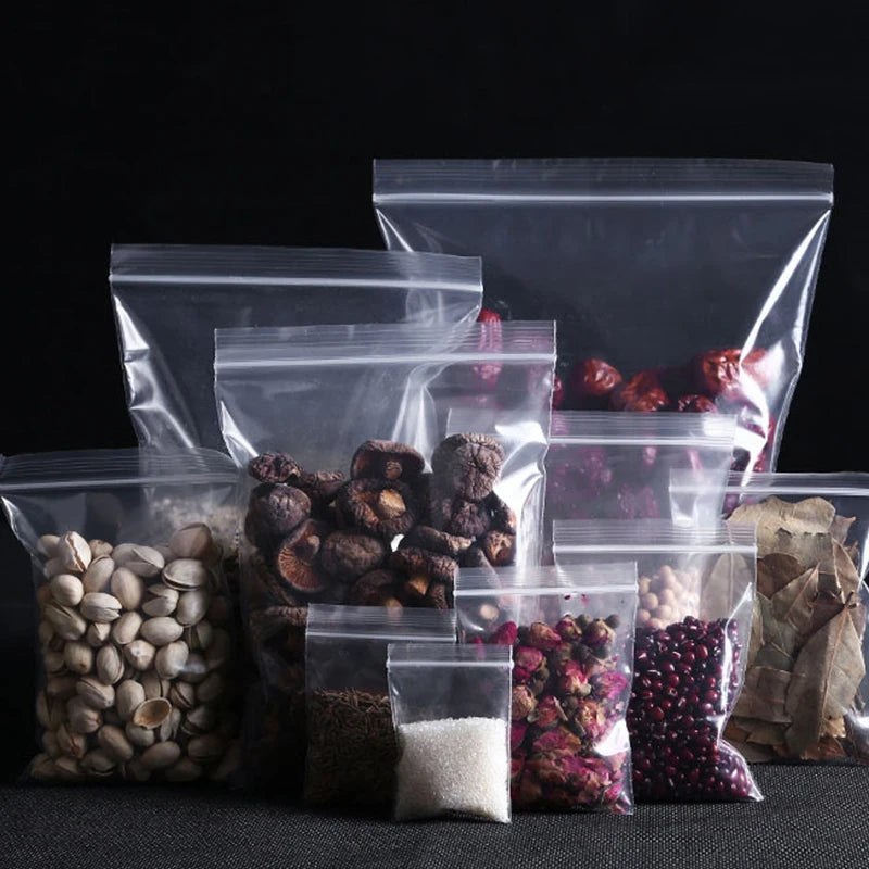 100/200 bolsas transparentes con cierre de cremallera – Bolsas de plástico gruesas resellables para alimentos, joyas, organización de cocina, almacenamiento de artículos pequeños y suministros de embalaje