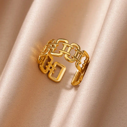 Anillo abierto grueso dorado vintage – Anillo llamativo geométrico de acero inoxidable para mujer