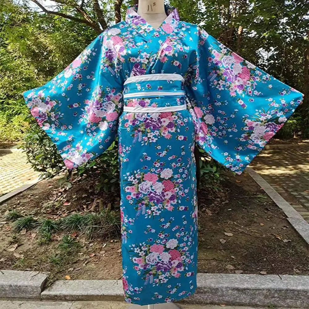 Japanese Kimono Cosplay Costume – Floral Sakura Printed Dress, Traditional Asian Style Kimono Outfit for Women Halloween & Party Wear