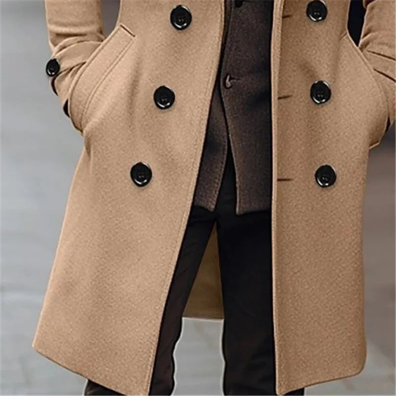 Men’s Long Wool-Blend Trench Coat – Double-Breasted Business Casual Overcoat, Classic English-Style Outerwear for Autumn & Winter