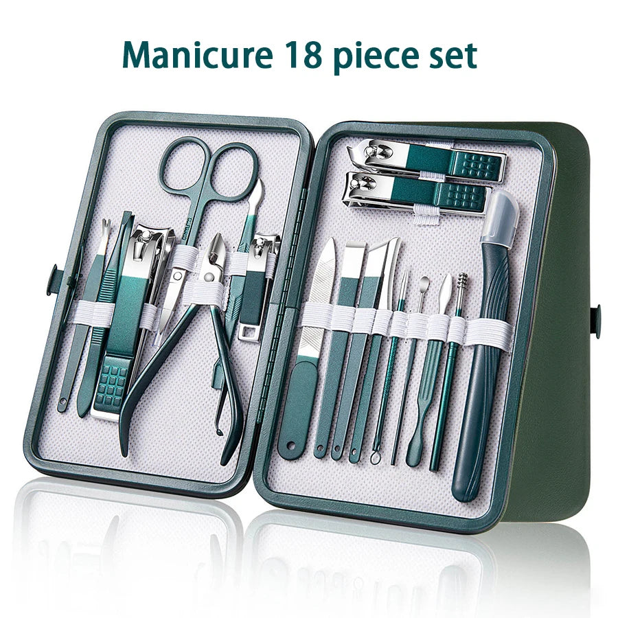 Juego profesional de manicura y pedicura de acero inoxidable de 6 a 18 piezas con estuche de viaje de piel – Kit de uñas y aseo para hombres y mujeres