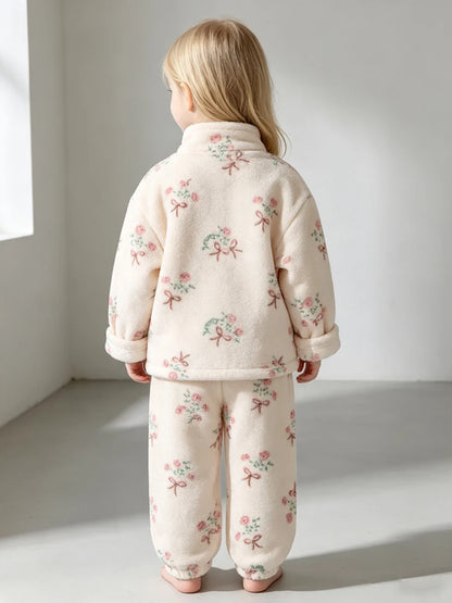 Kids Flannel Pajama Set 2-Piece, Thick Warm Winter Sleepwear for Boys and Girls, Floral and Leopard Print Zipper Top with Matching Pants