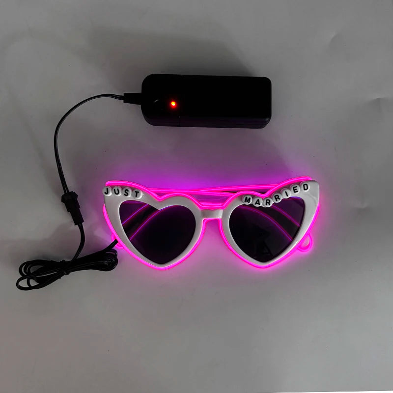 Just Married LED Heart Glasses – Light-Up EL Neon Glasses for Weddings, Engagements & Bridal Showers