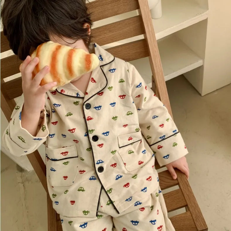 Cartoon Bear Kids Pajama Set – Soft Cotton Two-Piece Sleepwear for Boys & Girls, Comfortable Spring & Autumn Home Clothing
