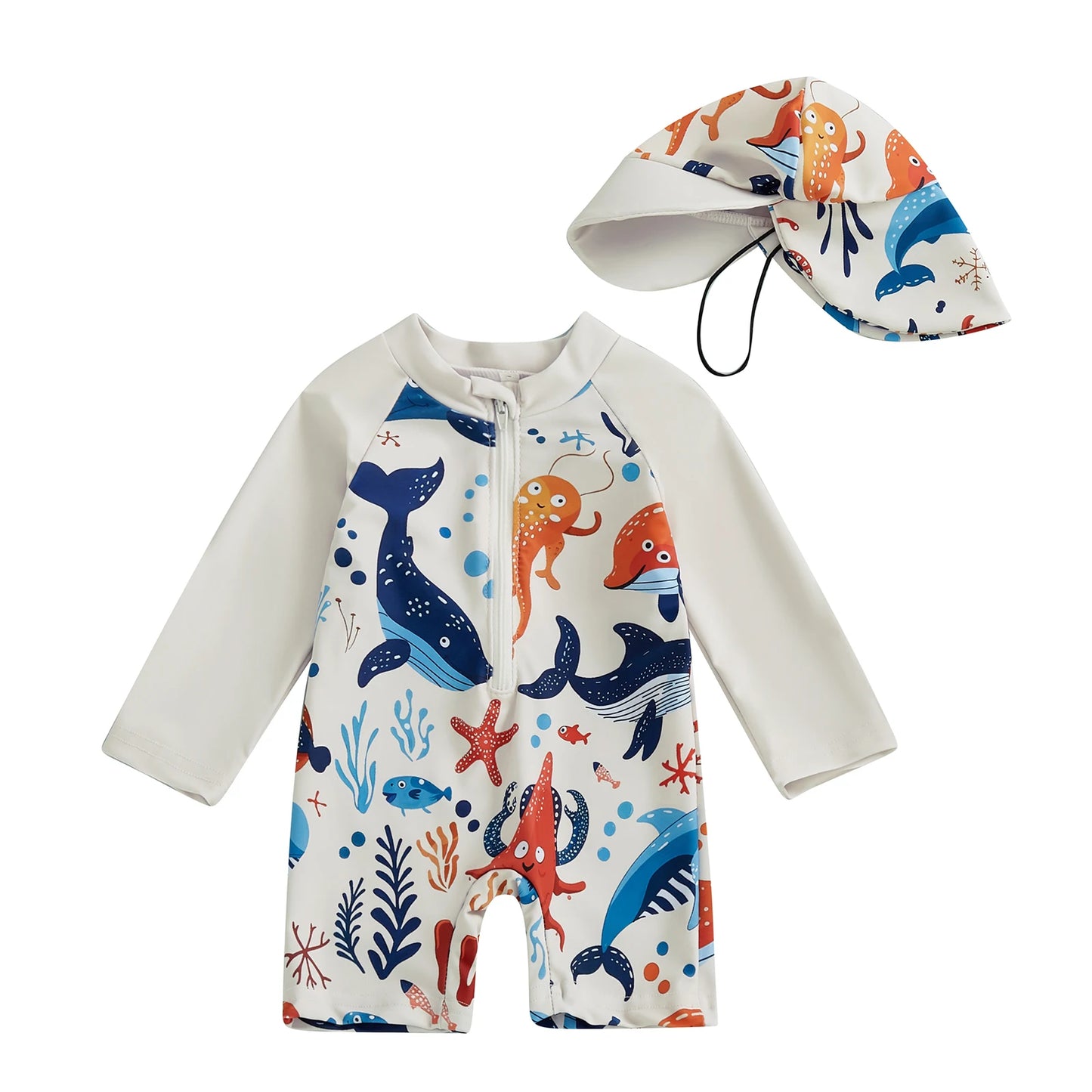 Kids Shark Print Rash Guard Swimwear Set – Long Sleeve Half Zip-Up Bathing Suit with Sun Hat, 2-Piece Toddler Boys’ Swimsuit for 0-5 Years, UV Protective Beachwear for Pool, Swimming & Summer Activities