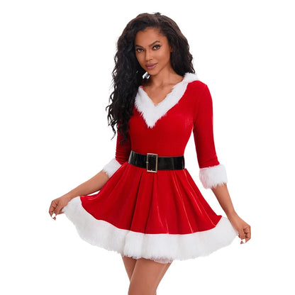 Women's Deluxe Velvet Santa Claus Costume, Red Christmas Suit Cosplay Outfit, Elegant Xmas Carnival and Halloween Party Fancy Dress for Holiday Celebrations and Festive Events