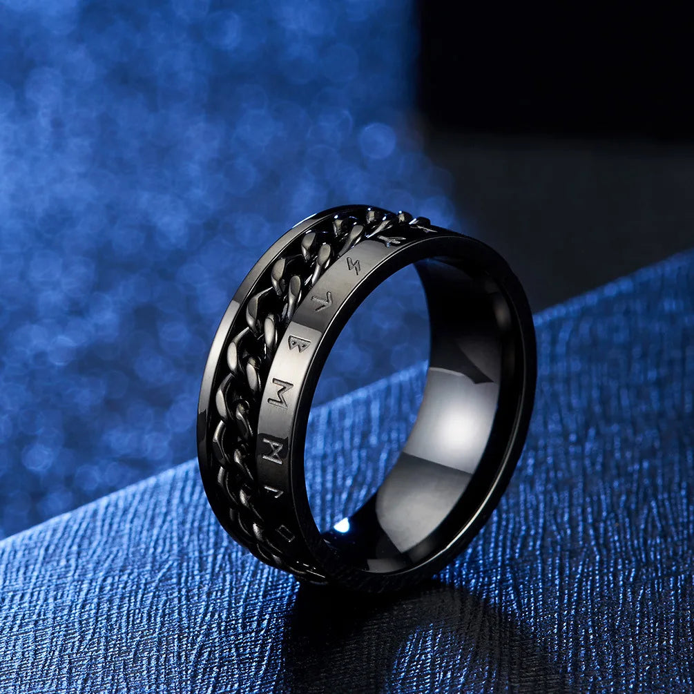 Roman Numeral Spinner Ring – Stainless Steel Chain Rotating Anxiety Fidget Ring for Men | Black Metal Stress Relief Jewelry