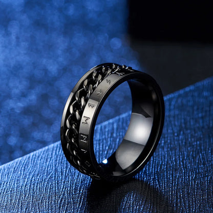 Roman Numeral Spinner Ring – Stainless Steel Chain Rotating Anxiety Fidget Ring for Men | Black Metal Stress Relief Jewelry