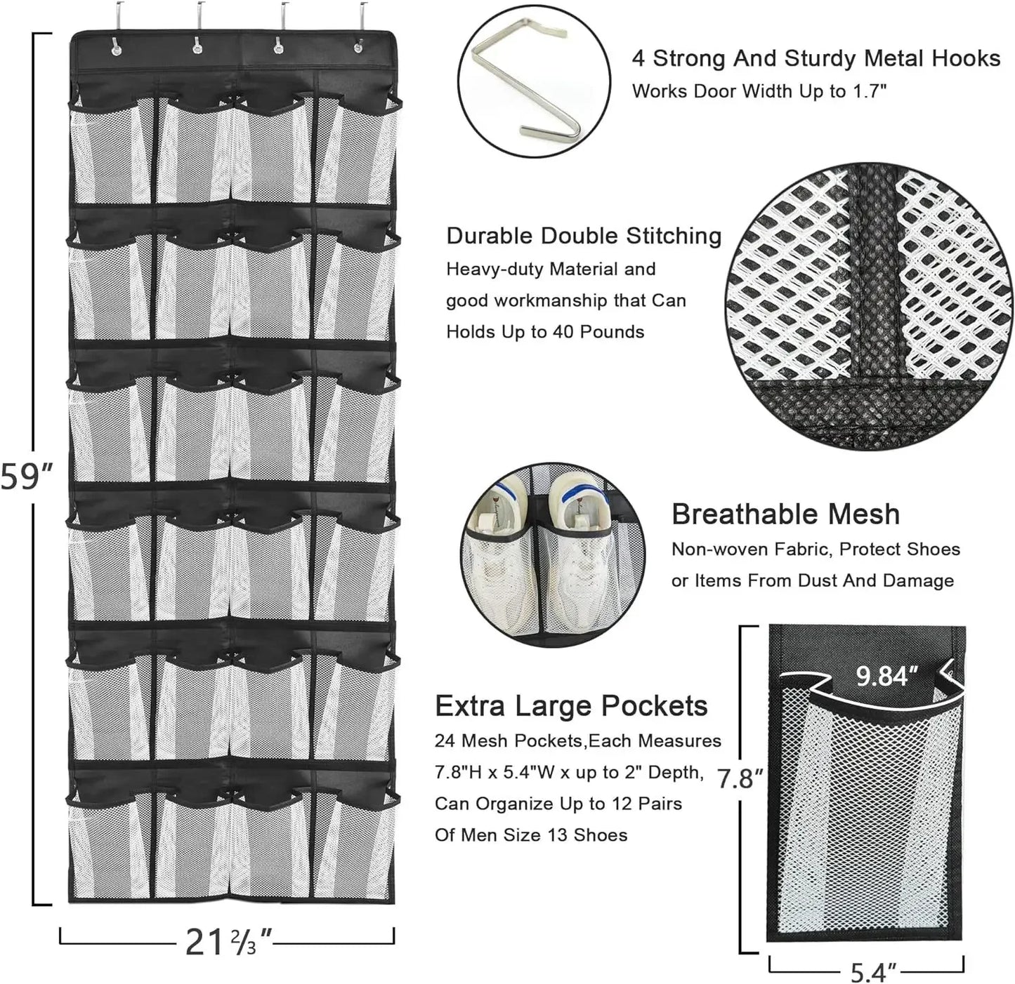 Over-the-Door Shoe Organizer - 12, 14 or 24 Pocket Hanging Shoe Storage with Large Mesh Pockets & 4 Hooks