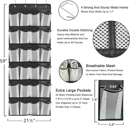Over-the-Door Shoe Organizer - 12, 14 or 24 Pocket Hanging Shoe Storage with Large Mesh Pockets & 4 Hooks