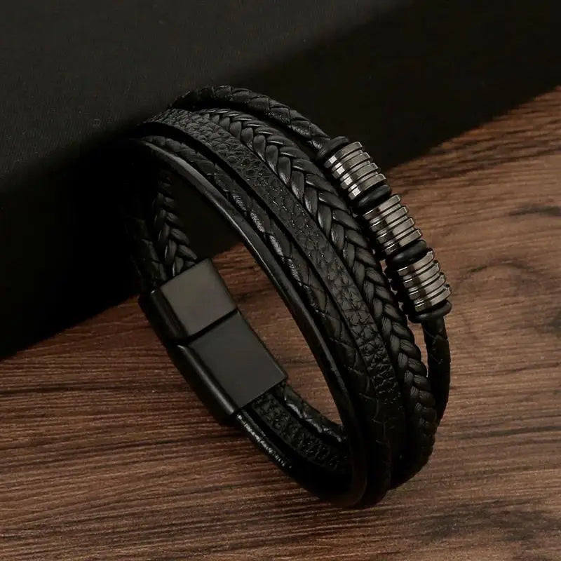 Pulsera de cuero clásica para hombre – Pulsera multicapa tejida a mano para hombre | Accesorio de joyería de moda casual, regalo