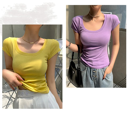 2026 Summer Women’s 100% Cotton Slim T-Shirt Casual Basic O-Neck Solid Korean Style Tee 16 Colors