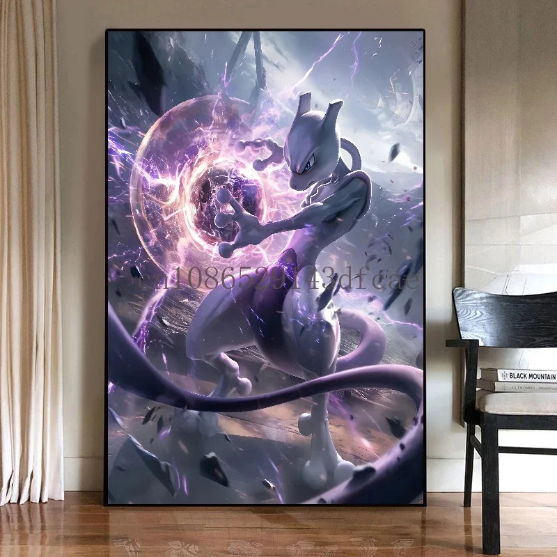 Pokémon Mewtwo HD Canvas Wall Art – Anime Watercolor Poster Print Modern Home Decor