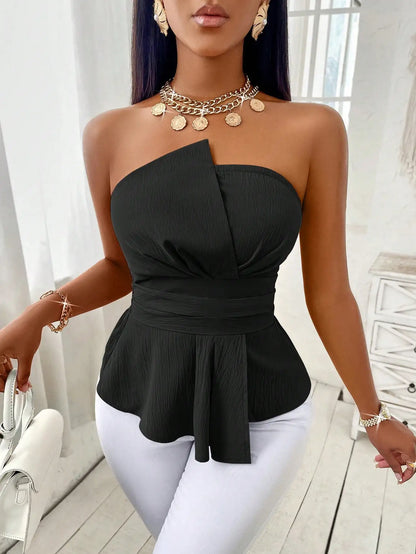 Top Peplum Strapless para Mujer – Elegante Blusa Cruzada con Cinturón para Vacaciones, Oficina y Uso Casual