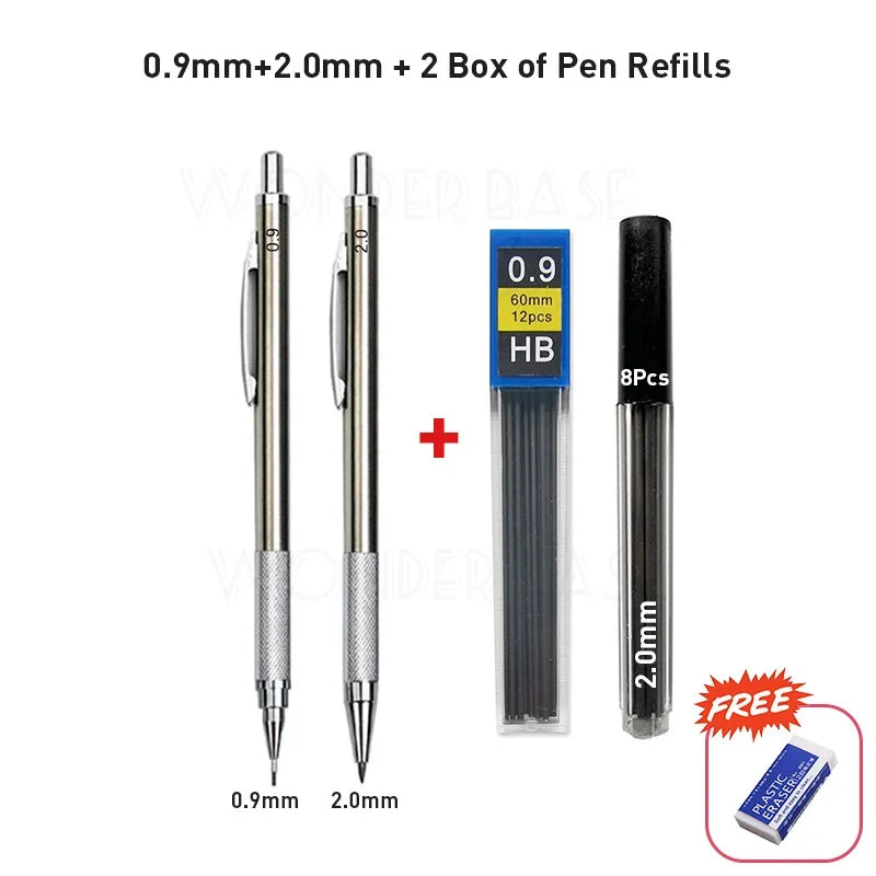 Crayon mécanique entièrement métallique de 0,3/0,5/0,7/0,9/1,3/2,0/3,0 mm – Crayon de dessin technique de précision pour l'esquisse, le dessin, la peinture, l'art, les fournitures de bureau et scolaires