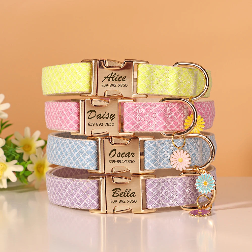Custom Bling Nylon Dog Collar – Personalized Engraved ID Name Collar with Cute Flower Tag for Small & Medium Dogs and Cats