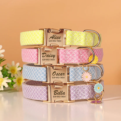 Custom Bling Nylon Dog Collar – Personalized Engraved ID Name Collar with Cute Flower Tag for Small & Medium Dogs and Cats