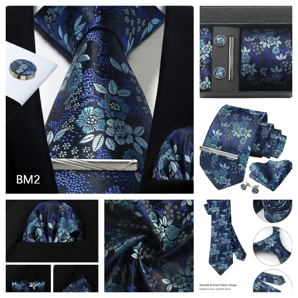 Corbata de seda 100% con diseño floral de Paisley para hombre con pañuelo de bolsillo, pasador de corbata y gemelos en caja de regalo