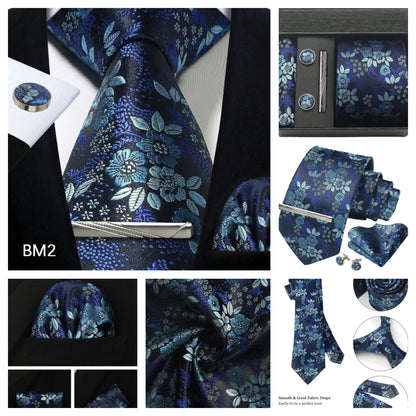 Corbata de seda 100% con diseño floral de Paisley para hombre con pañuelo de bolsillo, pasador de corbata y gemelos en caja de regalo