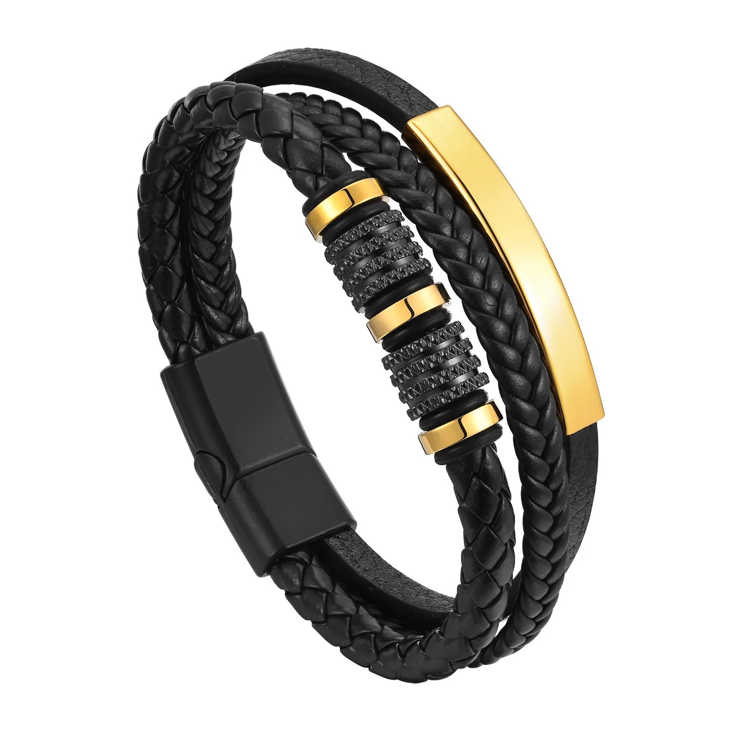 Vnox Personalized Braided Leather Bracelet for Men – Custom Name Engraved Triple Woven PU Leather Wristband | Handmade Gift Jewelry
