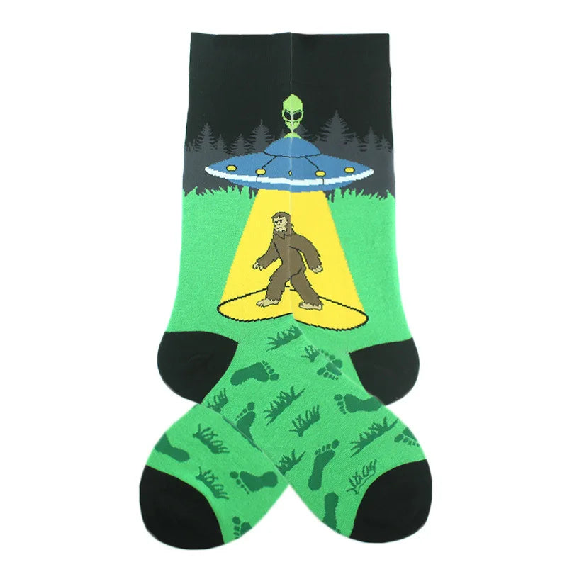 Funny Cotton Novelty Crew Socks – Alien, Planet, Shark, Dinosaur, Skateboard & Math Designs for Men & Women