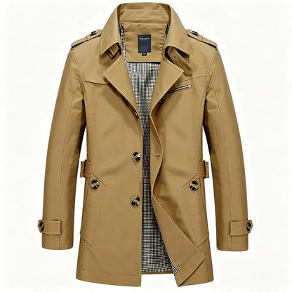 Men’s Mid-Length Trench Coat – Slim-Fit Business Casual Overcoat with Lapel Collar & Metal Buttons, Stylish Windbreaker for Commuting