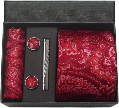 Corbata de seda 100% con diseño floral de Paisley para hombre con pañuelo de bolsillo, pasador de corbata y gemelos en caja de regalo