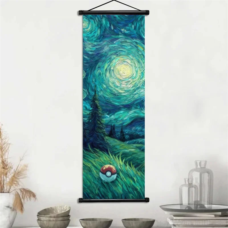 Pokémon Gengar, Squirtle y Mimikyu Noche Estrellada – Lienzo Decorativo Enrollable para Pared – Regalo para Decoración del Hogar