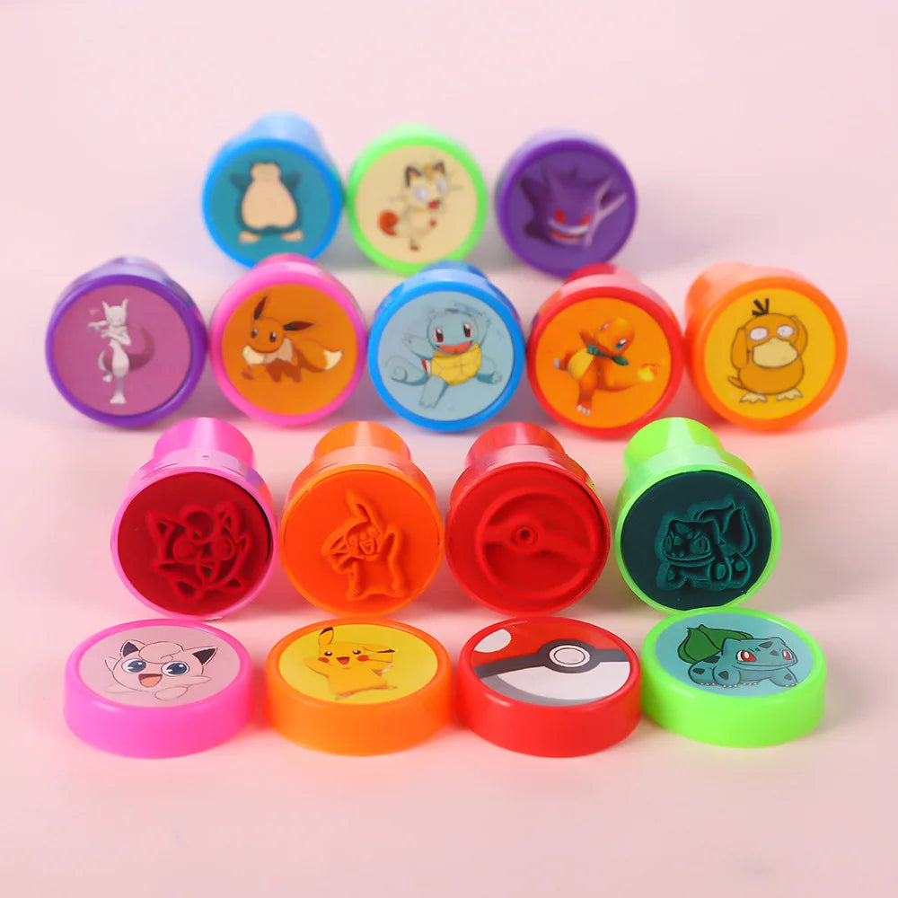 12pcs Pokémon Stamps Anime Figure Set – Cartoon Seal Cute Pikachu, Eevee & Gengar DIY Pattern Children Painting Toys Birthday Gift