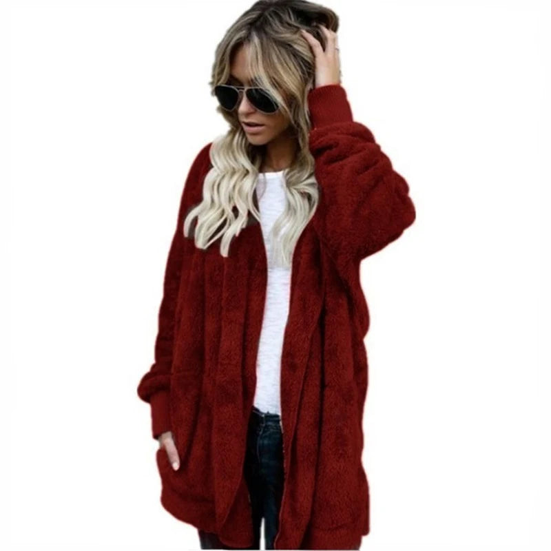 Women’s Double-Fleece Hooded Cardigan Jacket – Solid Color Plush Warm Coat with Long Sleeves, Oversized Autumn & Winter Outerwear