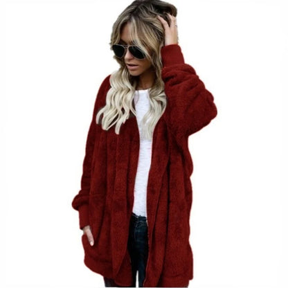 Women’s Double-Fleece Hooded Cardigan Jacket – Solid Color Plush Warm Coat with Long Sleeves, Oversized Autumn & Winter Outerwear