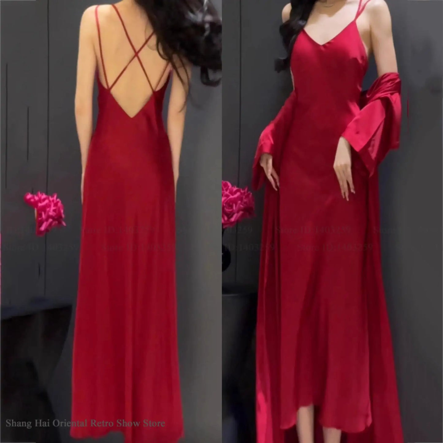 Women’s 2PCS Sleepwear Set – Backless Suspender Nightgown & Long Robe Elegant Sexy Loungewear Dress