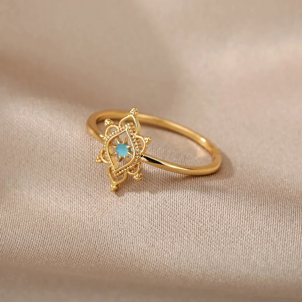 Gold Stainless Steel Lotus Flower Opal Ring – Vintage Oval Stone Statement Ring for Women | Elegant Fashion Jewelry Gift