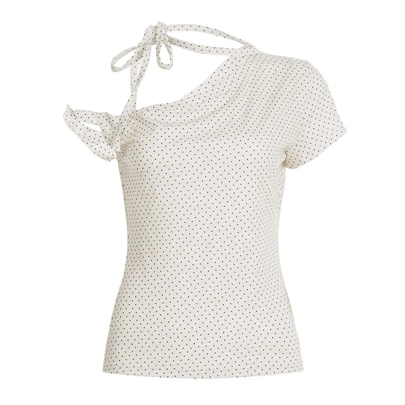 Women’s Sweet Polka Dot One Shoulder T-Shirt Korean Style Slim Fit Summer Casual Office Top