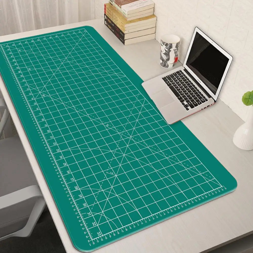 Large Gaming Mouse Pad with Green Grid Cutting Mat Design – Extended Anti-Slip Desk Mat with Stitched Edges for Keyboard, Gaming & Home Office