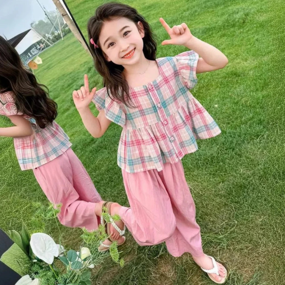 Girls Pink Checkered Two Piece Set – Square Collar Top & Wide Leg Pants Summer Outfit for Kids 3–10 Years
