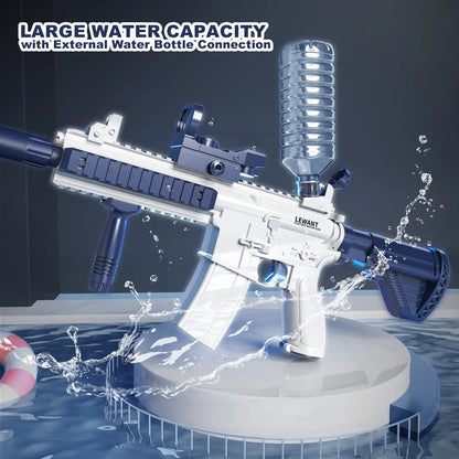 Pistola de agua eléctrica Unilabo M416 – Lanza agua automática a batería con accesorio de botella externa para diversión veraniega al aire libre para niños y adultos