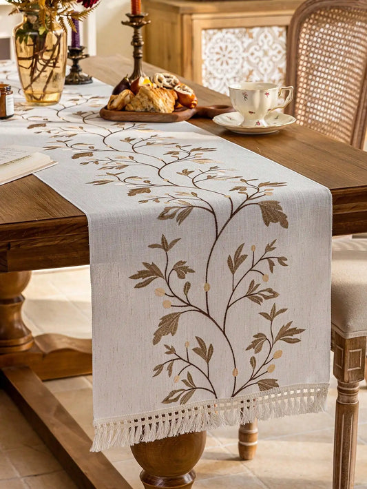 1PC Coffee Color Branch Embroidery Table Runner – Rustic Vintage Tassel Table Scarf for Coffee Table, Dining Room & Home Decor