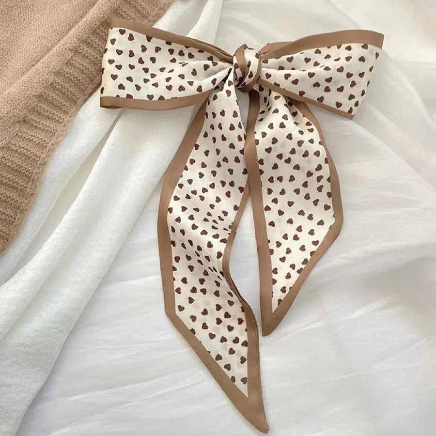Khaki Nude Silk Scarf Hair Band – Vintage Satin Ribbon Bow Hair Accessory for Women | Elegant Fashion Hair Tie