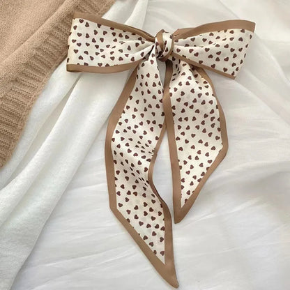 Khaki Nude Silk Scarf Hair Band – Vintage Satin Ribbon Bow Hair Accessory for Women | Elegant Fashion Hair Tie