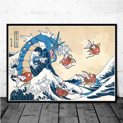 Pokémon Pikachu Great Wave of Kanagawa Canvas Wall Art – Anime Comic Poster Home Decor