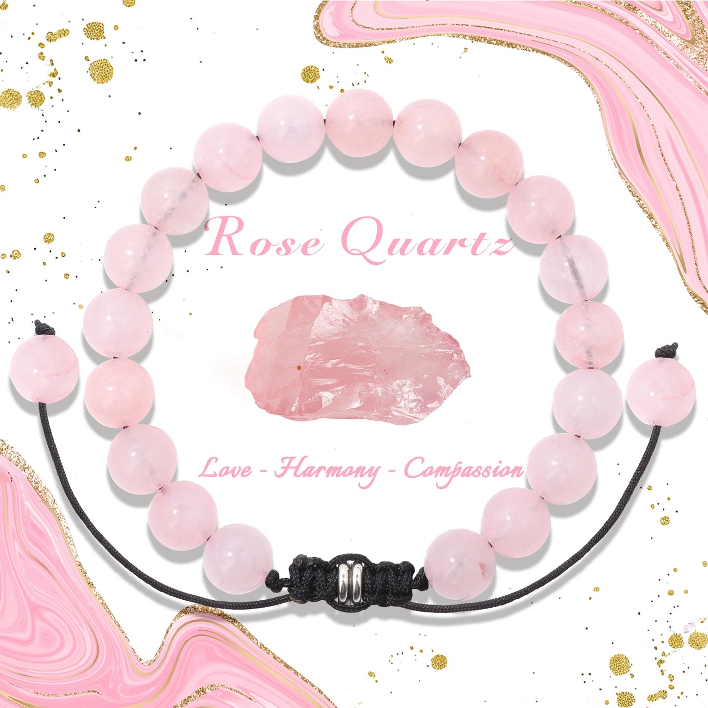Bracelet perles de tourmaline noire naturelle – Bracelet ajustable tressé en corde avec carte cadeau pour hommes et femmes
