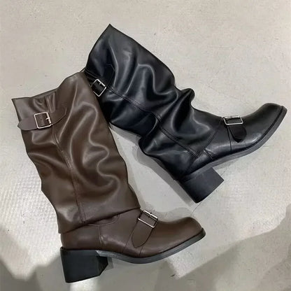 Botas altas de plataforma hasta la rodilla para mujer – Botas de moto de piel estilo gótico punk con tacón grueso, calzado de moda estilo New Rock