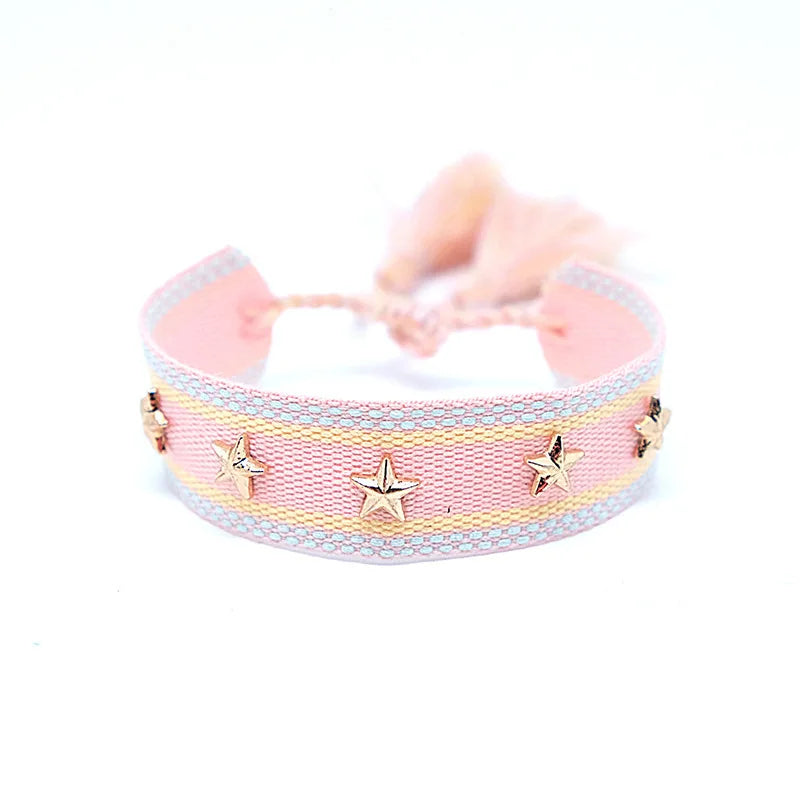 Bohemian Star Tassel Bracelet – Handmade Woven Alloy Gold Rivet Wrist Strap for Women | Ethnic Fashion Jewelry Gift