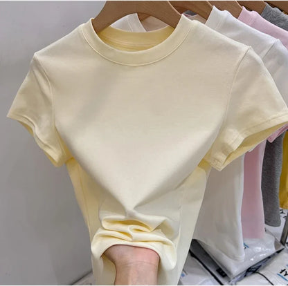 Zjaiss 2026 T-shirt col rond mode été sexy basique uni à manches courtes pour femme style coréen décontracté streetwear