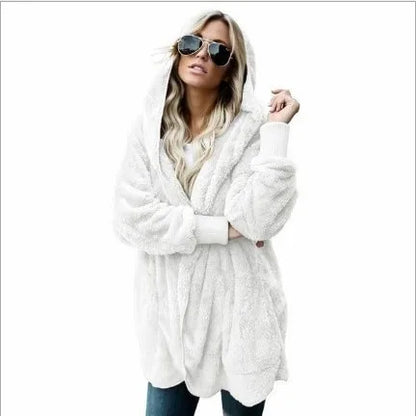 Women’s Double-Fleece Hooded Cardigan Jacket – Solid Color Plush Warm Coat with Long Sleeves, Oversized Autumn & Winter Outerwear